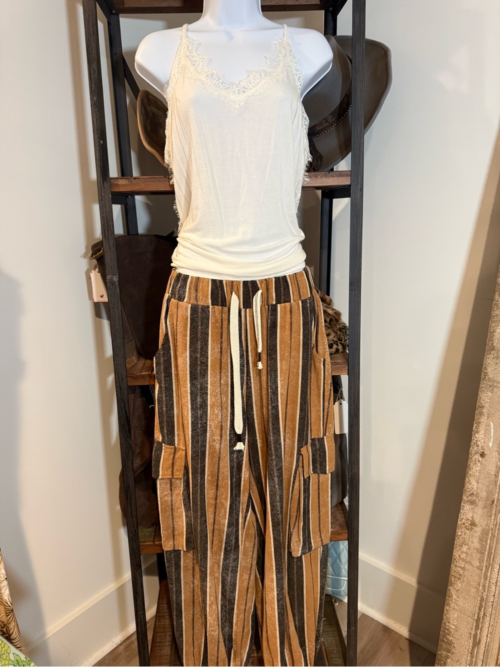 POL Striped Cargo Track Pants in Brown, Black & Cream